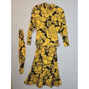 Joanie‎ Char Dress Top Skirt Set Size 12 Floral Pattern Yellow Black 100% Cotton